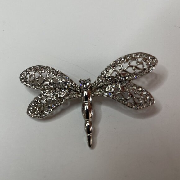 DRAGONFLY PIN OR BROOCH VINTAGE SILVER TONE & RHINESTONE - Picture 2 of 8
